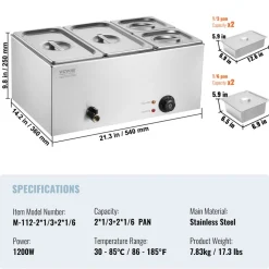 VEVOR 4-Pan Commercial Food Warmer, 16.4QT Electric Steam Table, 1200W Professional Countertop Stainless Steel Buffet Bain Marie with 86-185°F Temp Control for Catering and Restaurants, Silver