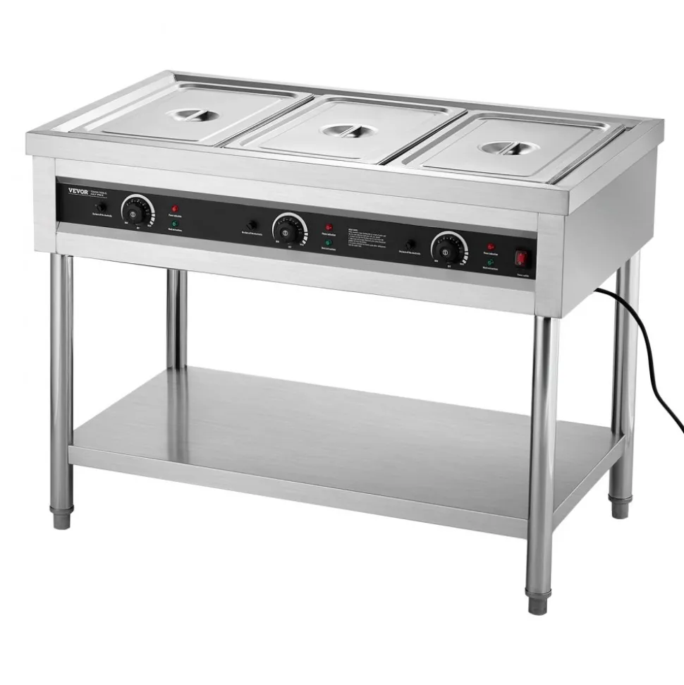 VEVOR 3-Pan Commercial Food Warmer, Electric Steam Table with Independent Temperature Control, 450W x 3 Stainless Steel Buffet Catering Food Warmer with Undershelf, for Restaurant Party