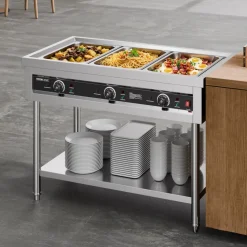 VEVOR 3-Pan Commercial Food Warmer, Electric Steam Table with Independent Temperature Control, 450W x 3 Stainless Steel Buffet Catering Food Warmer with Undershelf, for Restaurant Party