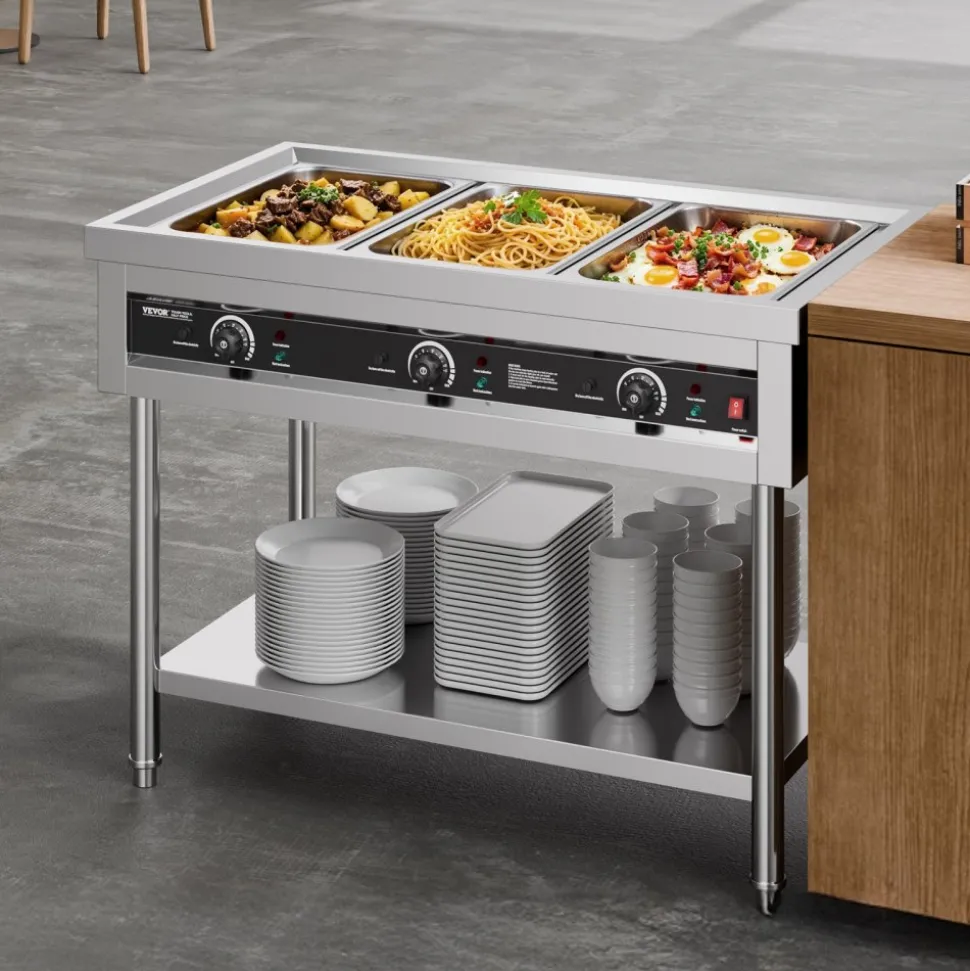 VEVOR 3-Pan Commercial Food Warmer, Electric Steam Table with Independent Temperature Control, 450W x 3 Stainless Steel Buffet Catering Food Warmer with Undershelf, for Restaurant Party