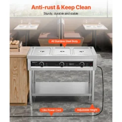 VEVOR 3-Pan Commercial Food Warmer, Electric Steam Table with Independent Temperature Control, 450W x 3 Stainless Steel Buffet Catering Food Warmer with Undershelf, for Restaurant Party