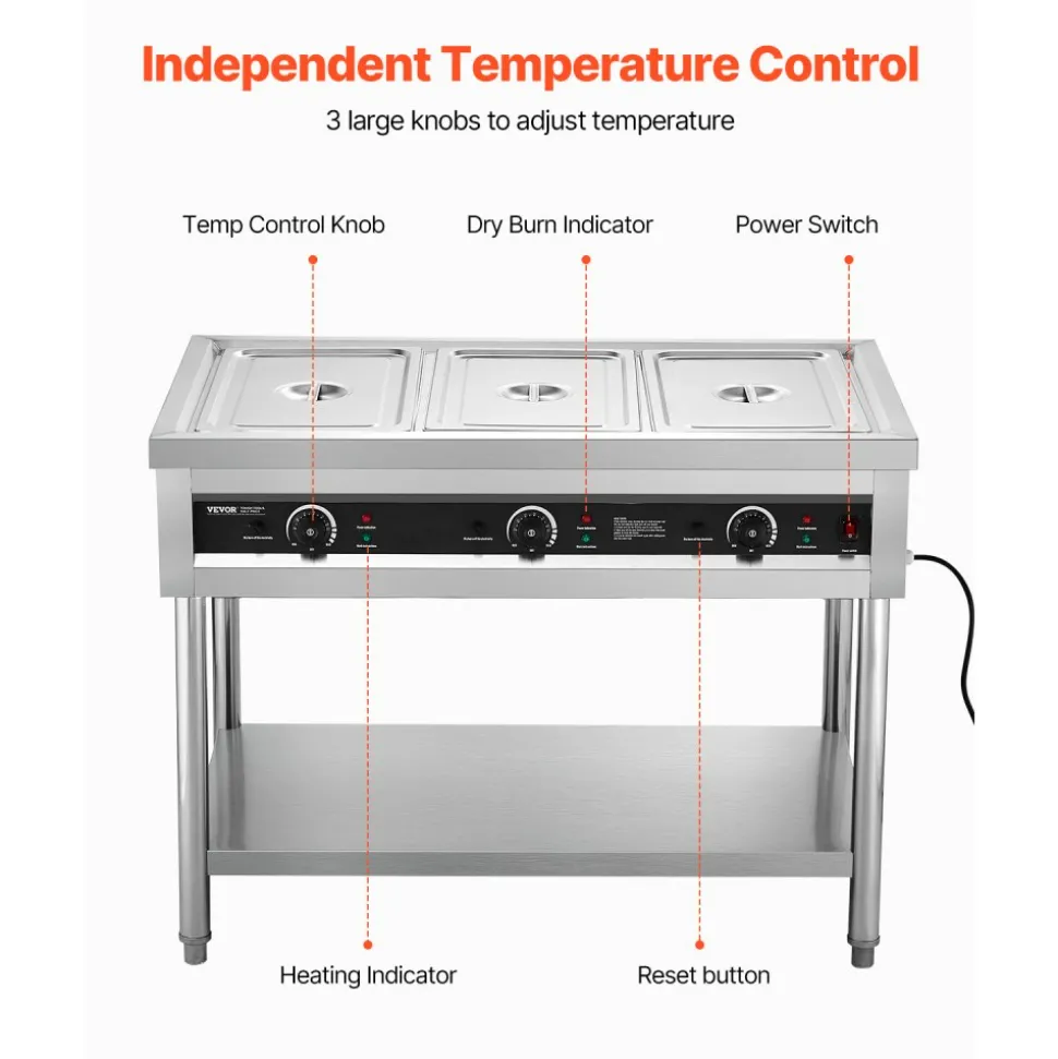 VEVOR 3-Pan Commercial Food Warmer, Electric Steam Table with Independent Temperature Control, 450W x 3 Stainless Steel Buffet Catering Food Warmer with Undershelf, for Restaurant Party