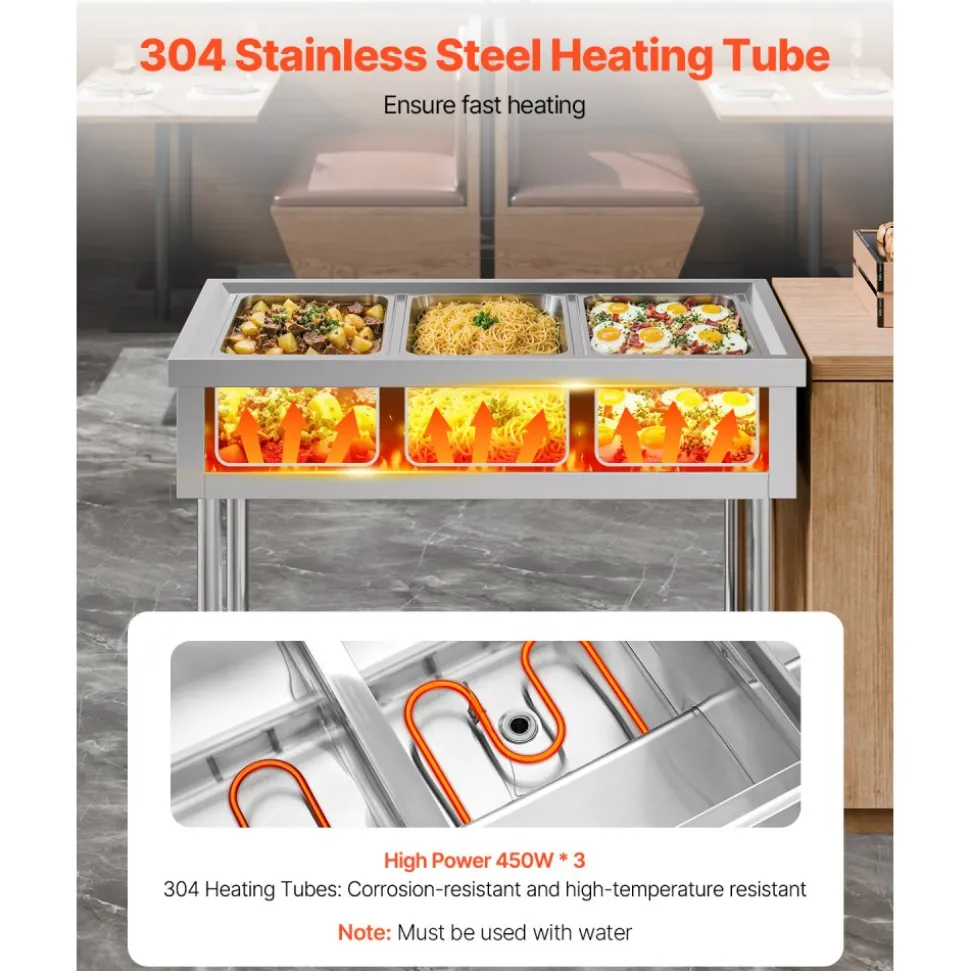 VEVOR 3-Pan Commercial Food Warmer, Electric Steam Table with Independent Temperature Control, 450W x 3 Stainless Steel Buffet Catering Food Warmer with Undershelf, for Restaurant Party