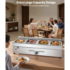 VEVOR 4-Pan Commercial Propane Steam Table, LP Gas Outdoor Soup Warmer with Drain Valve, Stainless Steel Propane Food Warmer with Adjustable Temperature, for Restaurant Party Outdoor Camping