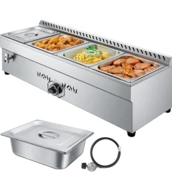 VEVOR 4-Pan Commercial Propane Steam Table, LP Gas Outdoor Soup Warmer with Drain Valve, Stainless Steel Propane Food Warmer with Adjustable Temperature, for Restaurant Party Outdoor Camping
