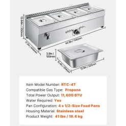 VEVOR 4-Pan Commercial Propane Steam Table, LP Gas Outdoor Soup Warmer with Drain Valve, Stainless Steel Propane Food Warmer with Adjustable Temperature, for Restaurant Party Outdoor Camping