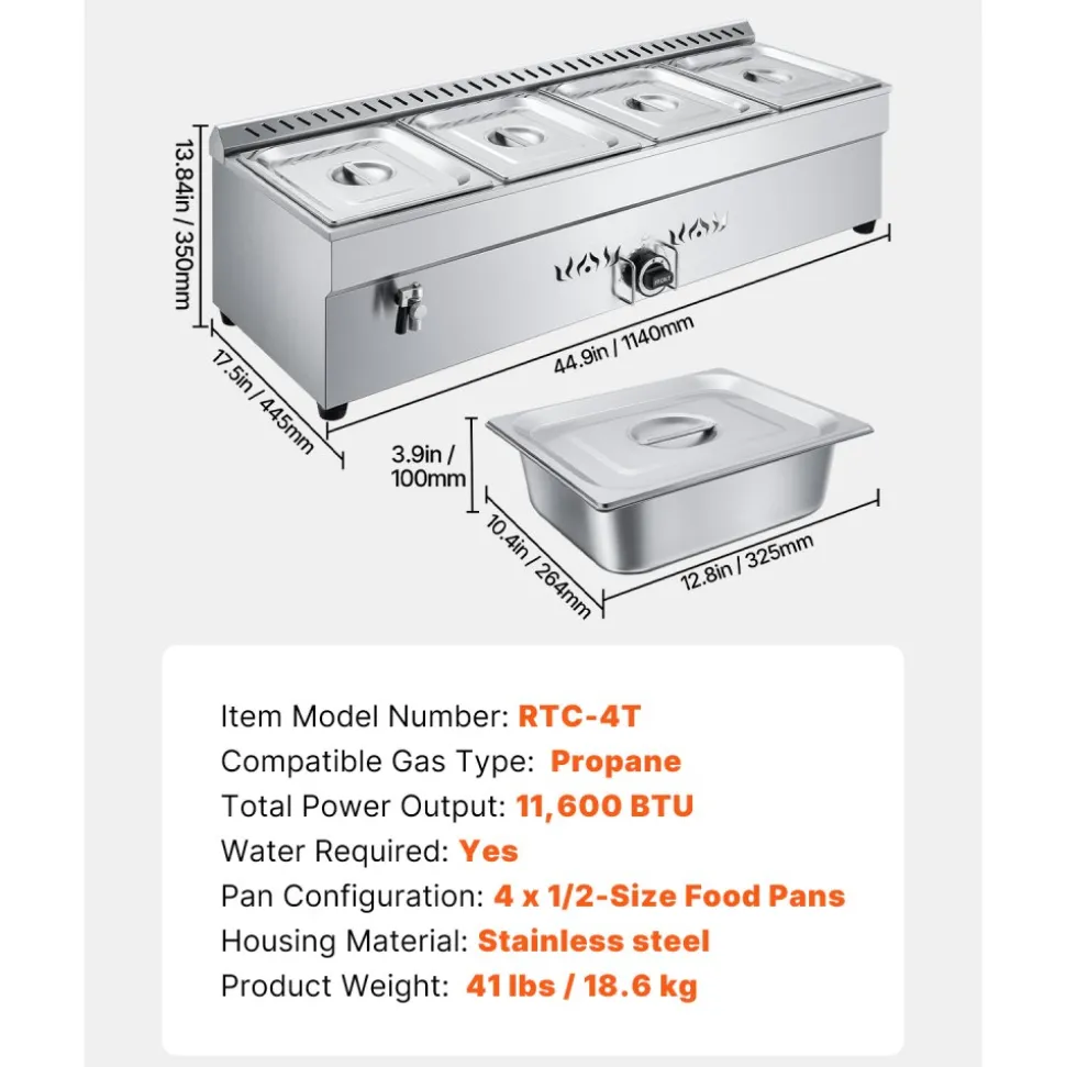 VEVOR 4-Pan Commercial Propane Steam Table, LP Gas Outdoor Soup Warmer with Drain Valve, Stainless Steel Propane Food Warmer with Adjustable Temperature, for Restaurant Party Outdoor Camping