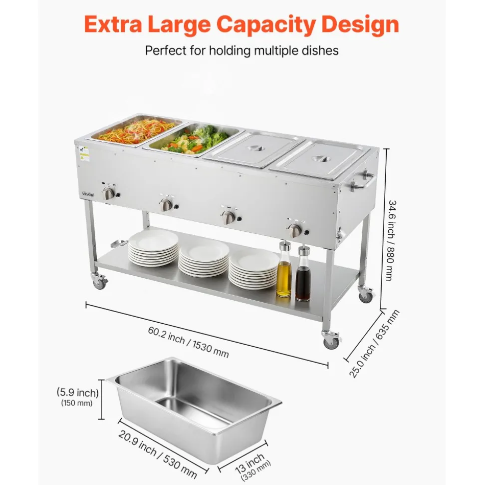 VEVOR 4-Pan Commercial Propane Steam Table, LP Gas Outdoor Soup Warmer with Drain Valve and 3" Wheels, Stainless Steel Propane Food Warmer with Independent Temp Control, for Restaurant Outdoor Camping