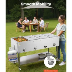 VEVOR 4-Pan Commercial Propane Steam Table, LP Gas Outdoor Soup Warmer with Drain Valve and 3" Wheels, Stainless Steel Propane Food Warmer with Independent Temp Control, for Restaurant Outdoor Camping