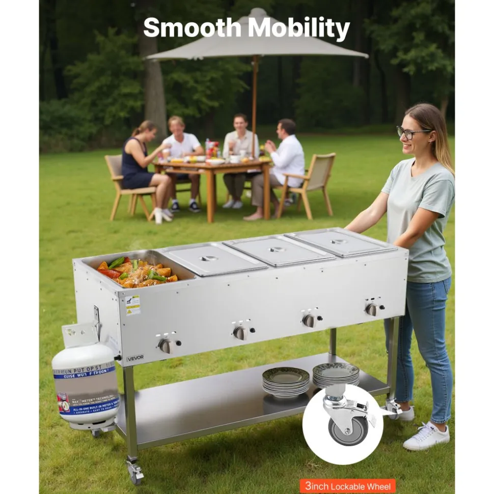 VEVOR 4-Pan Commercial Propane Steam Table, LP Gas Outdoor Soup Warmer with Drain Valve and 3" Wheels, Stainless Steel Propane Food Warmer with Independent Temp Control, for Restaurant Outdoor Camping