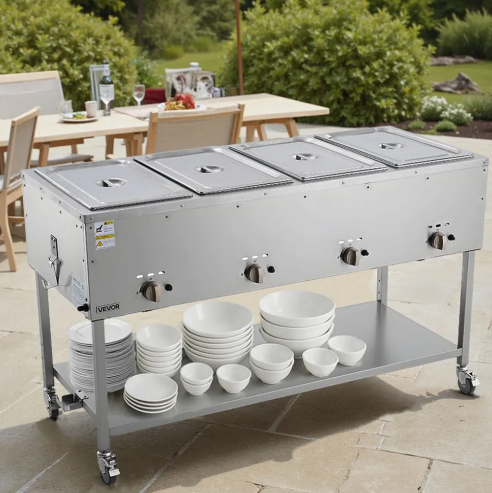 VEVOR 4-Pan Commercial Propane Steam Table, LP Gas Outdoor Soup Warmer with Drain Valve and 3" Wheels, Stainless Steel Propane Food Warmer with Independent Temp Control, for Restaurant Outdoor Camping