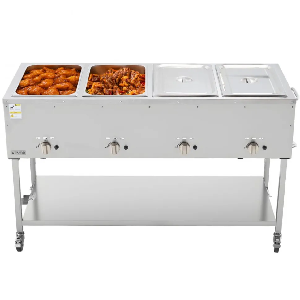 VEVOR 4-Pan Commercial Propane Steam Table, LP Gas Outdoor Soup Warmer with Drain Valve and 3" Wheels, Stainless Steel Propane Food Warmer with Independent Temp Control, for Restaurant Outdoor Camping