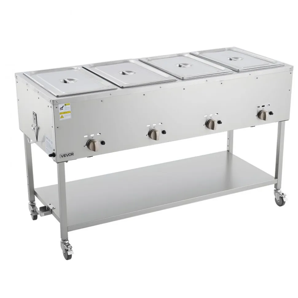 VEVOR 4-Pan Commercial Propane Steam Table, LP Gas Outdoor Soup Warmer with Drain Valve and 3" Wheels, Stainless Steel Propane Food Warmer with Independent Temp Control, for Restaurant Outdoor Camping