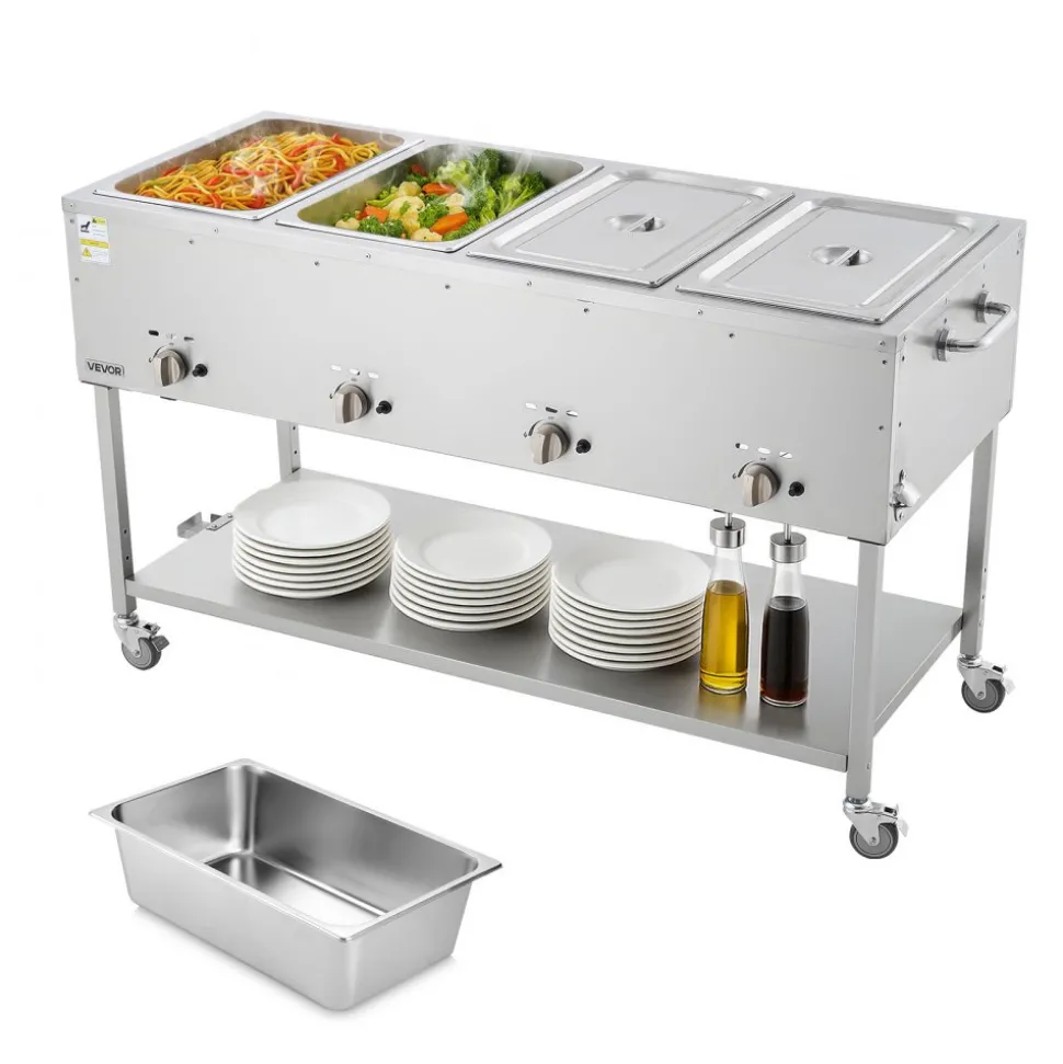 VEVOR 4-Pan Commercial Propane Steam Table, LP Gas Outdoor Soup Warmer with Drain Valve and 3" Wheels, Stainless Steel Propane Food Warmer with Independent Temp Control, for Restaurant Outdoor Camping