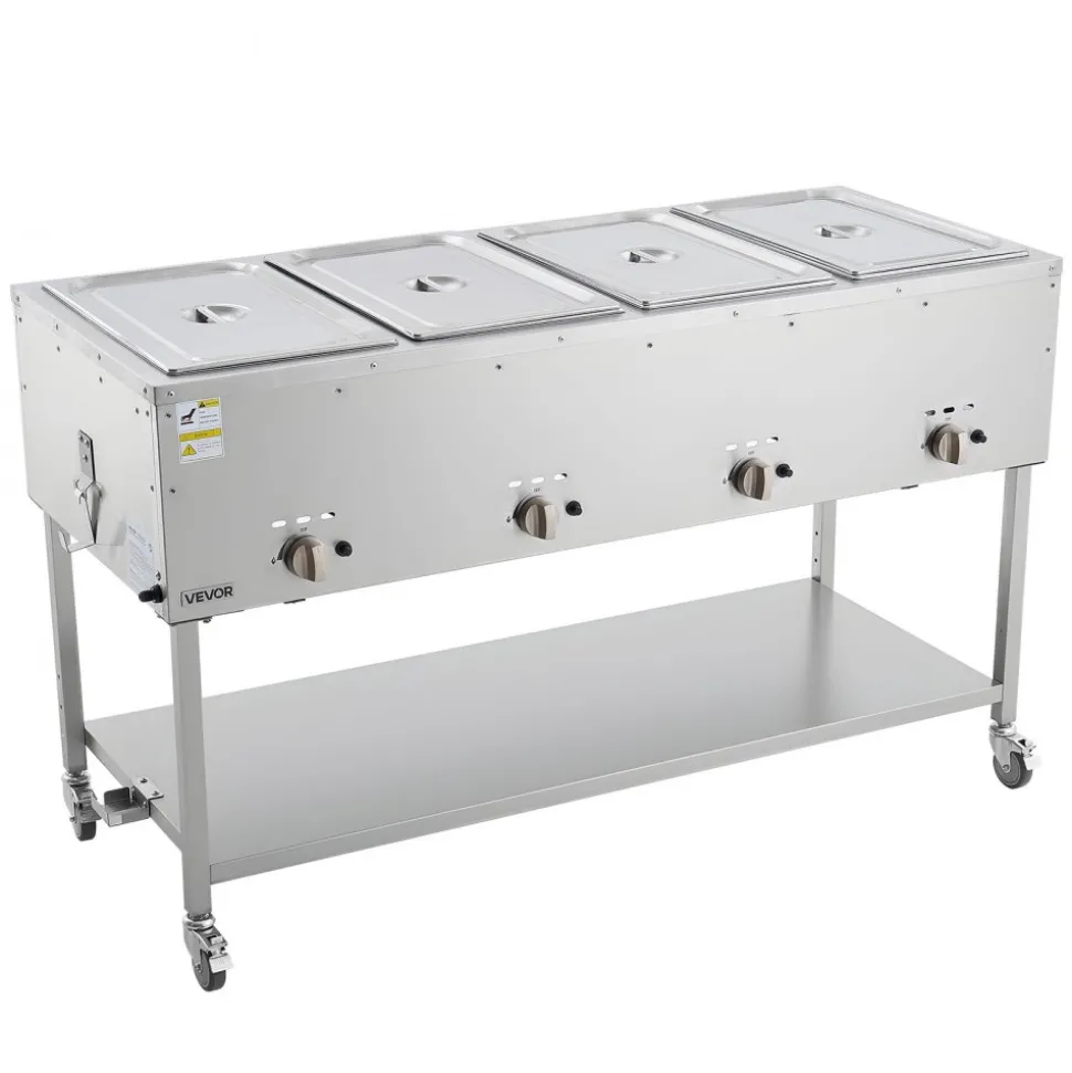 VEVOR 4-Pan Commercial Propane Steam Table, LP Gas Outdoor Soup Warmer with Drain Valve and 3" Wheels, Stainless Steel Propane Food Warmer with Independent Temp Control, for Restaurant Outdoor Camping