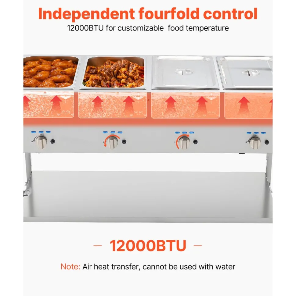 VEVOR 4-Pan Commercial Propane Steam Table, LP Gas Outdoor Soup Warmer with Drain Valve and 3" Wheels, Stainless Steel Propane Food Warmer with Independent Temp Control, for Restaurant Outdoor Camping