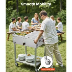 VEVOR 6-Pan Commercial Propane Steam Table, LP Gas Outdoor Soup Warmer with Drain Valve and 3" Wheels, Stainless Steel Propane Food Warmer with Adjustable Temperature, for Restaurant Outdoor Camping