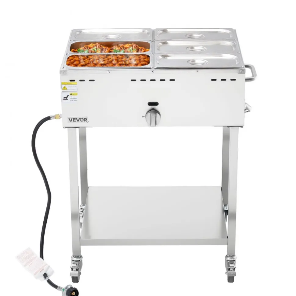 VEVOR 6-Pan Commercial Propane Steam Table, LP Gas Outdoor Soup Warmer with Drain Valve and 3" Wheels, Stainless Steel Propane Food Warmer with Adjustable Temperature, for Restaurant Outdoor Camping