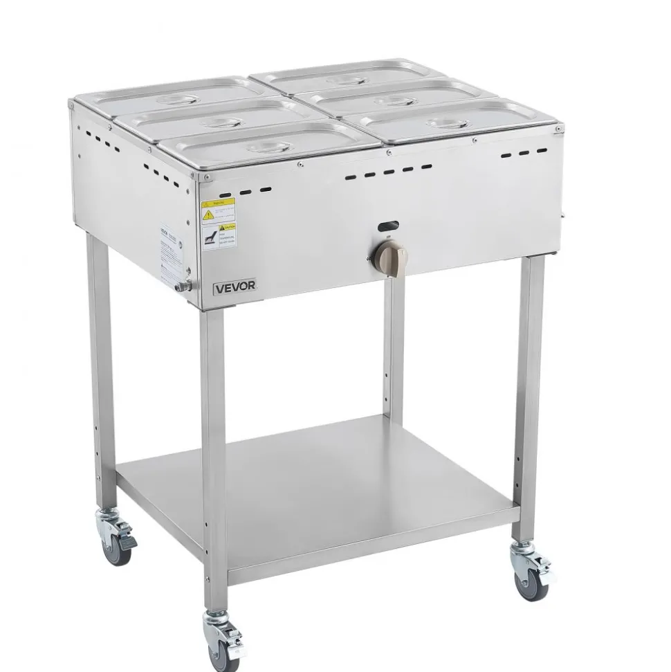 VEVOR 6-Pan Commercial Propane Steam Table, LP Gas Outdoor Soup Warmer with Drain Valve and 3" Wheels, Stainless Steel Propane Food Warmer with Adjustable Temperature, for Restaurant Outdoor Camping