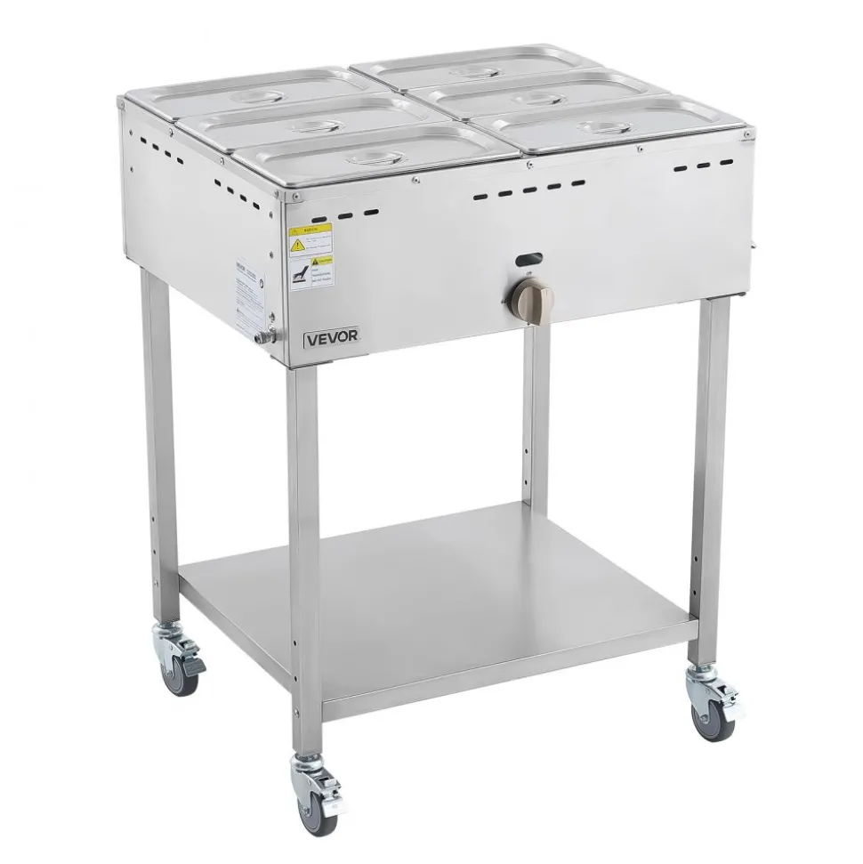 VEVOR 6-Pan Commercial Propane Steam Table, LP Gas Outdoor Soup Warmer with Drain Valve and 3" Wheels, Stainless Steel Propane Food Warmer with Adjustable Temperature, for Restaurant Outdoor Camping