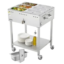 VEVOR 6-Pan Commercial Propane Steam Table, LP Gas Outdoor Soup Warmer with Drain Valve and 3