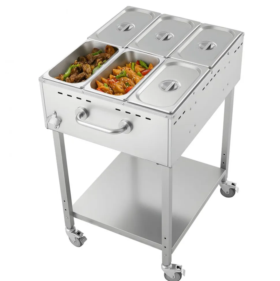 VEVOR 6-Pan Commercial Propane Steam Table, LP Gas Outdoor Soup Warmer with Drain Valve and 3" Wheels, Stainless Steel Propane Food Warmer with Adjustable Temperature, for Restaurant Outdoor Camping