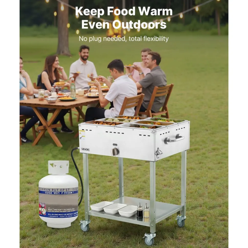 VEVOR 6-Pan Commercial Propane Steam Table, LP Gas Outdoor Soup Warmer with Drain Valve and 3" Wheels, Stainless Steel Propane Food Warmer with Adjustable Temperature, for Restaurant Outdoor Camping