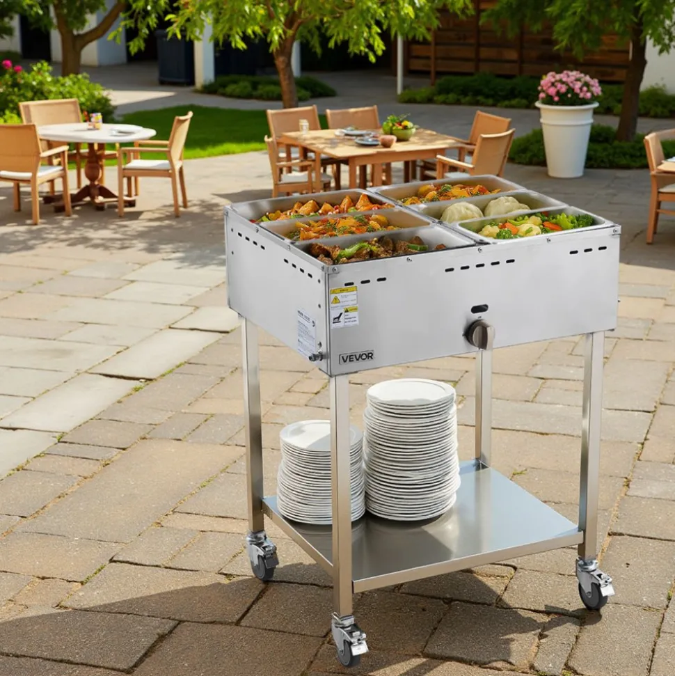 VEVOR 6-Pan Commercial Propane Steam Table, LP Gas Outdoor Soup Warmer with Drain Valve and 3" Wheels, Stainless Steel Propane Food Warmer with Adjustable Temperature, for Restaurant Outdoor Camping