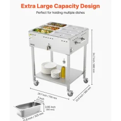 VEVOR 6-Pan Commercial Propane Steam Table, LP Gas Outdoor Soup Warmer with Drain Valve and 3