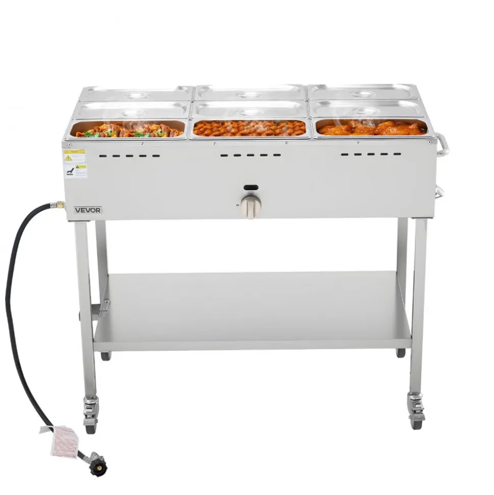 VEVOR 9-Pan Commercial Propane Steam Table, LP Gas Outdoor Soup Warmer with Drain Valve and 3" Wheels, Stainless Steel Propane Food Warmer with Adjustable Temperature, for Restaurant Outdoor Camping