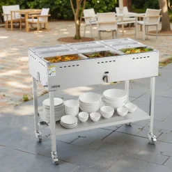 VEVOR 9-Pan Commercial Propane Steam Table, LP Gas Outdoor Soup Warmer with Drain Valve and 3