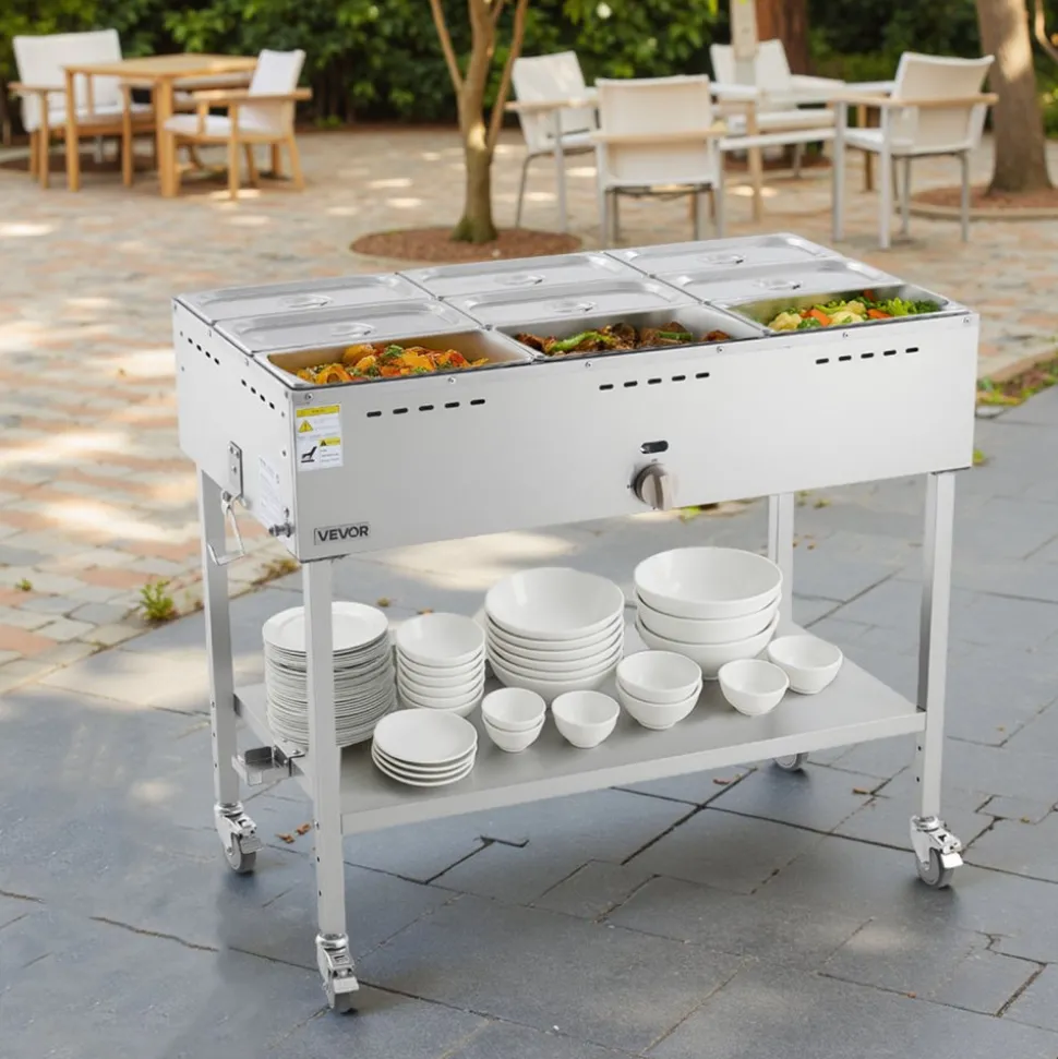 VEVOR 9-Pan Commercial Propane Steam Table, LP Gas Outdoor Soup Warmer with Drain Valve and 3" Wheels, Stainless Steel Propane Food Warmer with Adjustable Temperature, for Restaurant Outdoor Camping