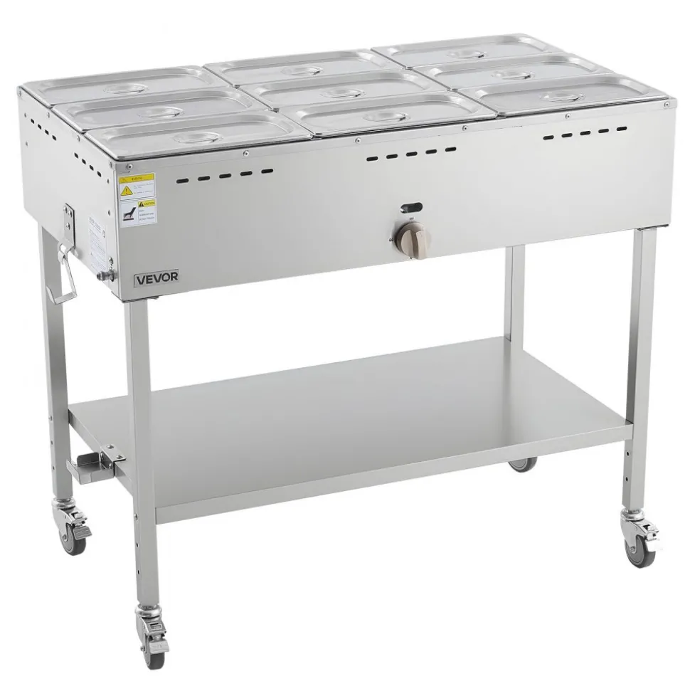 VEVOR 9-Pan Commercial Propane Steam Table, LP Gas Outdoor Soup Warmer with Drain Valve and 3" Wheels, Stainless Steel Propane Food Warmer with Adjustable Temperature, for Restaurant Outdoor Camping