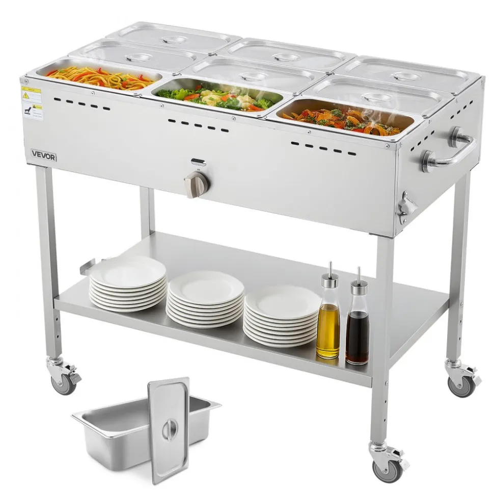 VEVOR 9-Pan Commercial Propane Steam Table, LP Gas Outdoor Soup Warmer with Drain Valve and 3" Wheels, Stainless Steel Propane Food Warmer with Adjustable Temperature, for Restaurant Outdoor Camping
