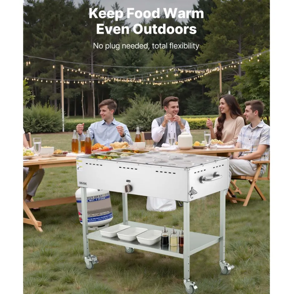 VEVOR 9-Pan Commercial Propane Steam Table, LP Gas Outdoor Soup Warmer with Drain Valve and 3" Wheels, Stainless Steel Propane Food Warmer with Adjustable Temperature, for Restaurant Outdoor Camping