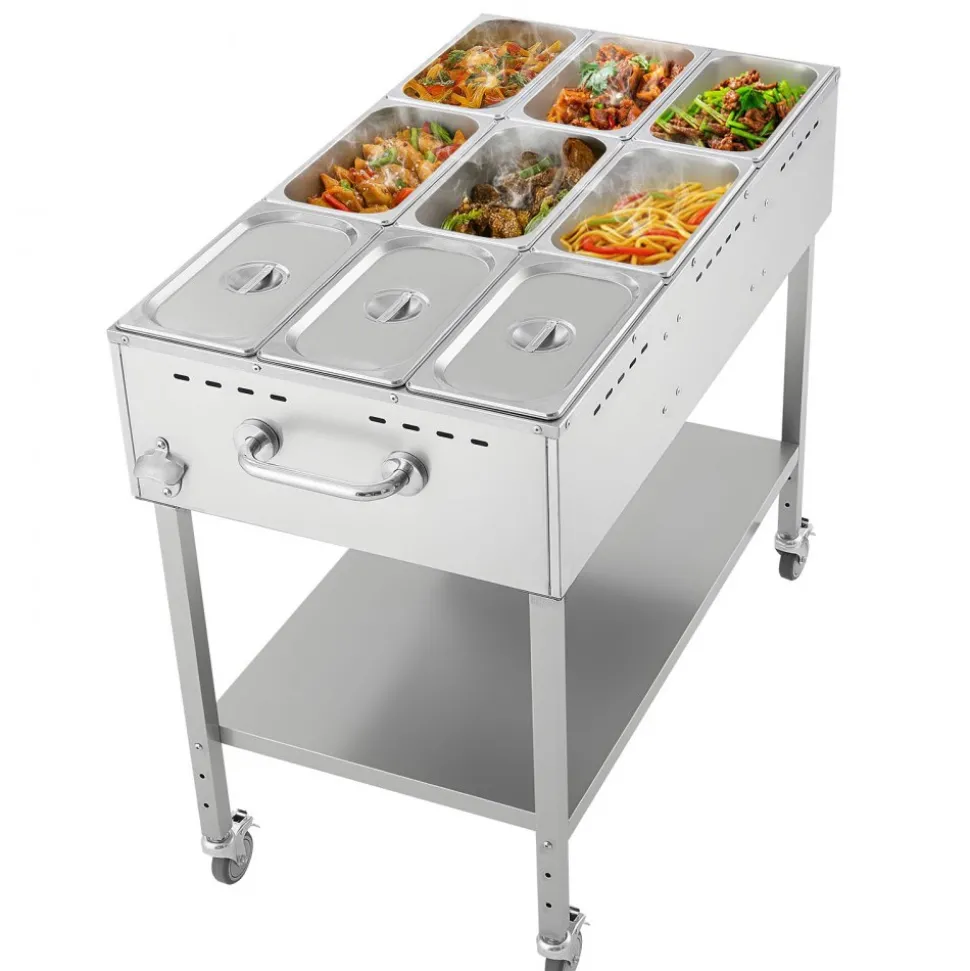 VEVOR 9-Pan Commercial Propane Steam Table, LP Gas Outdoor Soup Warmer with Drain Valve and 3" Wheels, Stainless Steel Propane Food Warmer with Adjustable Temperature, for Restaurant Outdoor Camping