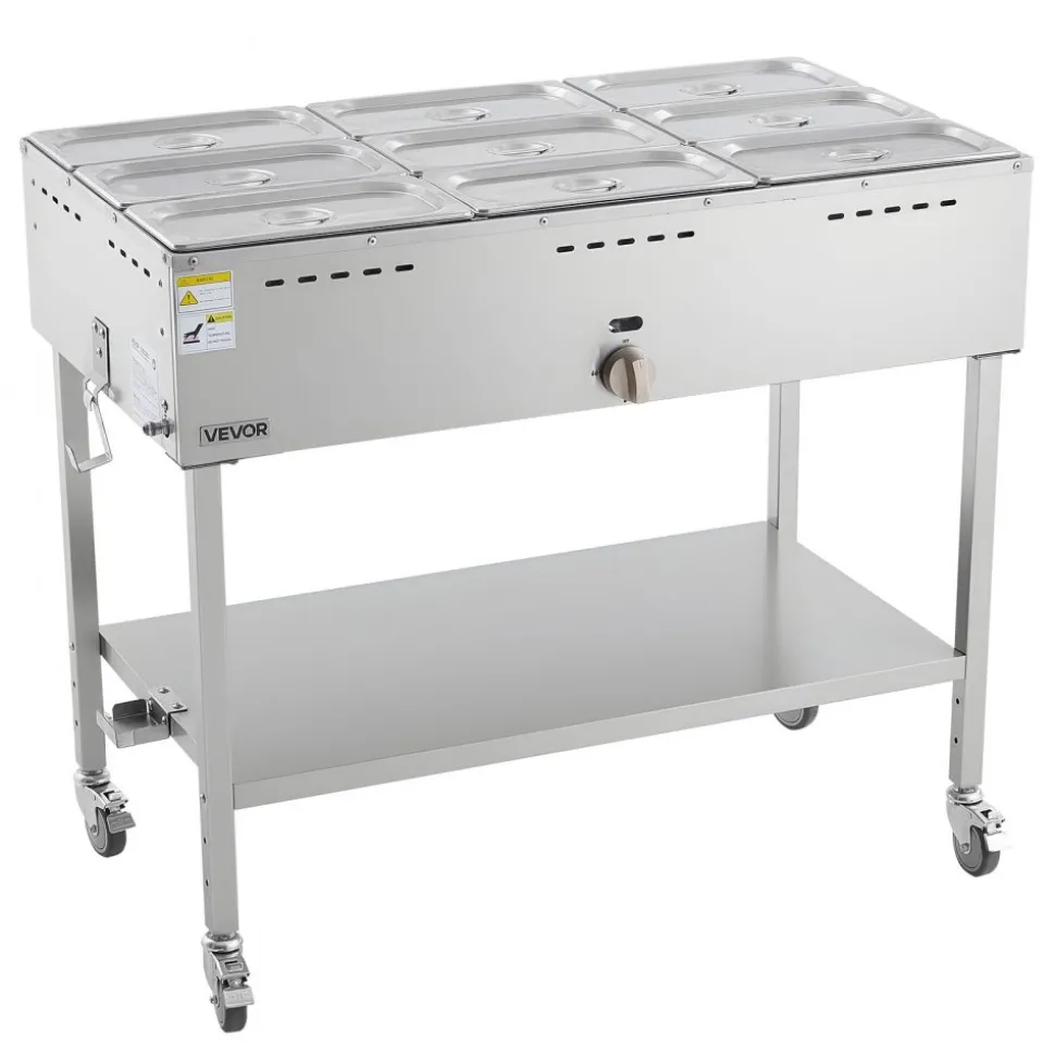 VEVOR 9-Pan Commercial Propane Steam Table, LP Gas Outdoor Soup Warmer with Drain Valve and 3" Wheels, Stainless Steel Propane Food Warmer with Adjustable Temperature, for Restaurant Outdoor Camping