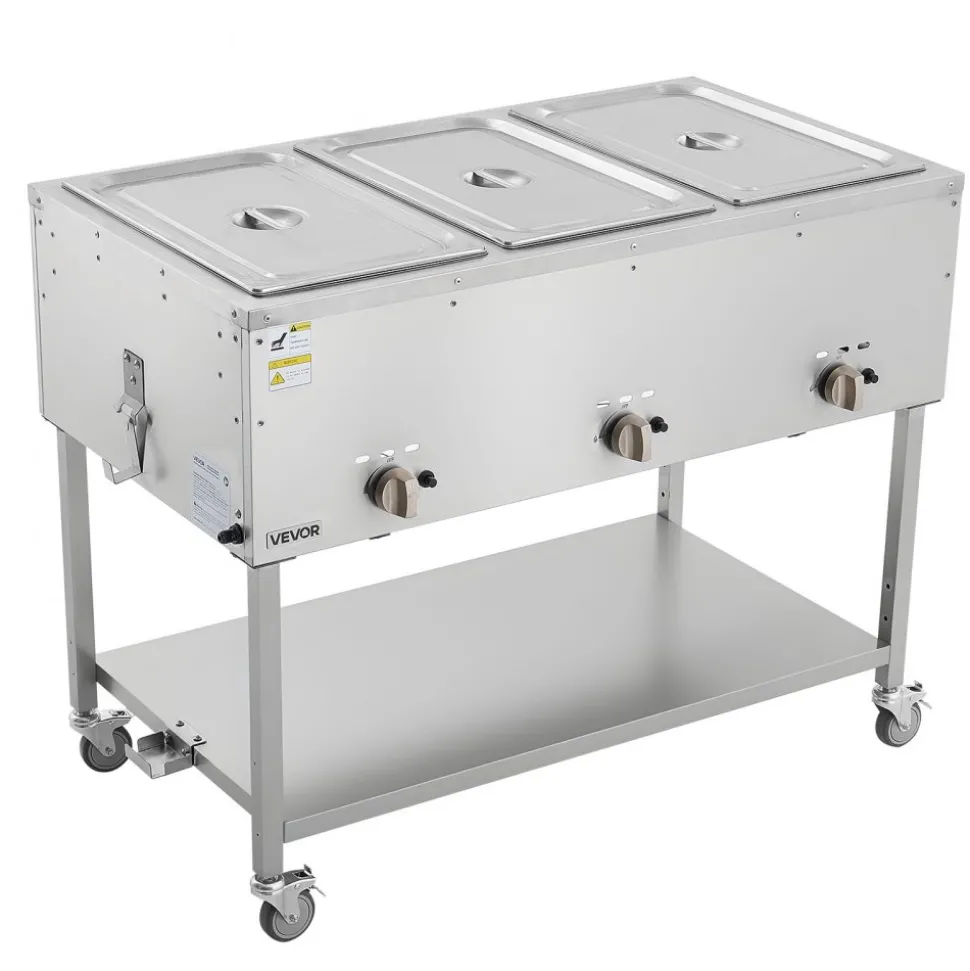 VEVOR 3-Pan Commercial Propane Steam Table, LP Gas Outdoor Soup Warmer with Drain Valve and 3" Wheels, Stainless Steel Propane Food Warmer with Independent Temp Control, for Restaurant Outdoor Camping