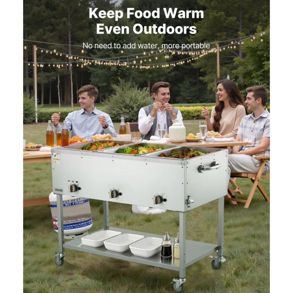 VEVOR 3-Pan Commercial Propane Steam Table, LP Gas Outdoor Soup Warmer with Drain Valve and 3" Wheels, Stainless Steel Propane Food Warmer with Independent Temp Control, for Restaurant Outdoor Camping