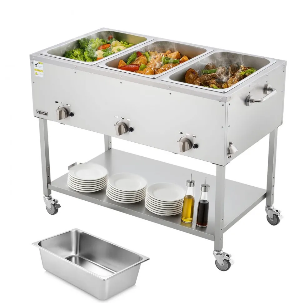 VEVOR 3-Pan Commercial Propane Steam Table, LP Gas Outdoor Soup Warmer with Drain Valve and 3" Wheels, Stainless Steel Propane Food Warmer with Independent Temp Control, for Restaurant Outdoor Camping