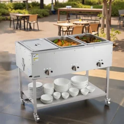 VEVOR 3-Pan Commercial Propane Steam Table, LP Gas Outdoor Soup Warmer with Drain Valve and 3