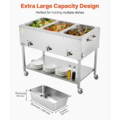 VEVOR 3-Pan Commercial Propane Steam Table, LP Gas Outdoor Soup Warmer with Drain Valve and 3