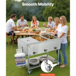 VEVOR 3-Pan Commercial Propane Steam Table, LP Gas Outdoor Soup Warmer with Drain Valve and 3