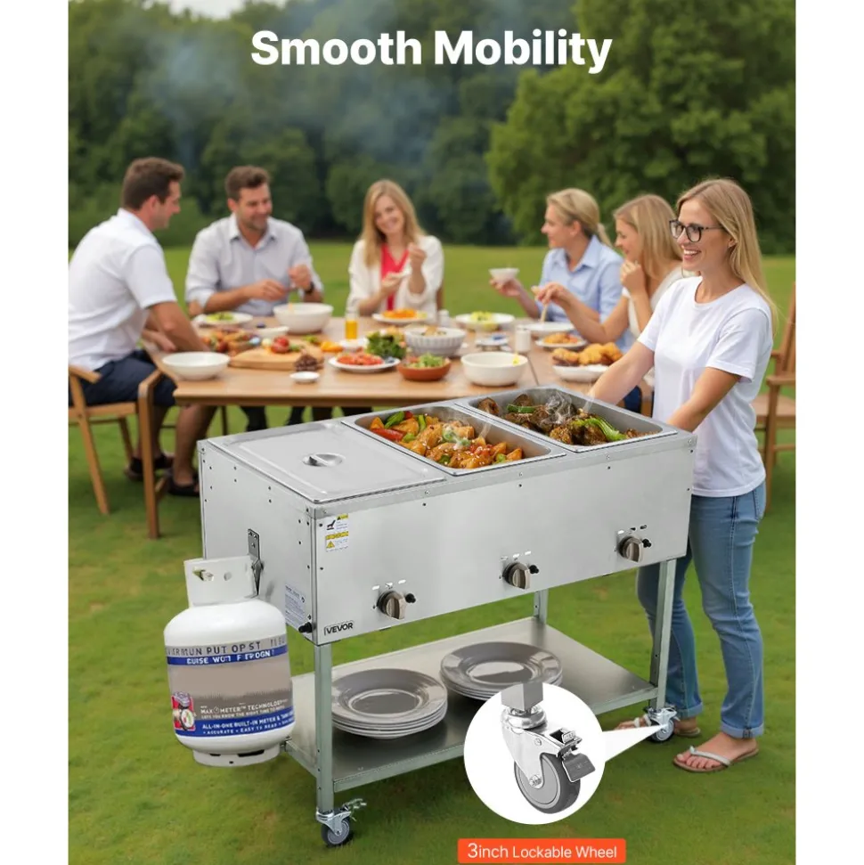 VEVOR 3-Pan Commercial Propane Steam Table, LP Gas Outdoor Soup Warmer with Drain Valve and 3" Wheels, Stainless Steel Propane Food Warmer with Independent Temp Control, for Restaurant Outdoor Camping