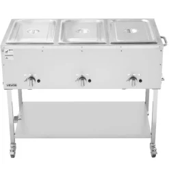 VEVOR 3-Pan Commercial Propane Steam Table, LP Gas Outdoor Soup Warmer with Drain Valve and 3