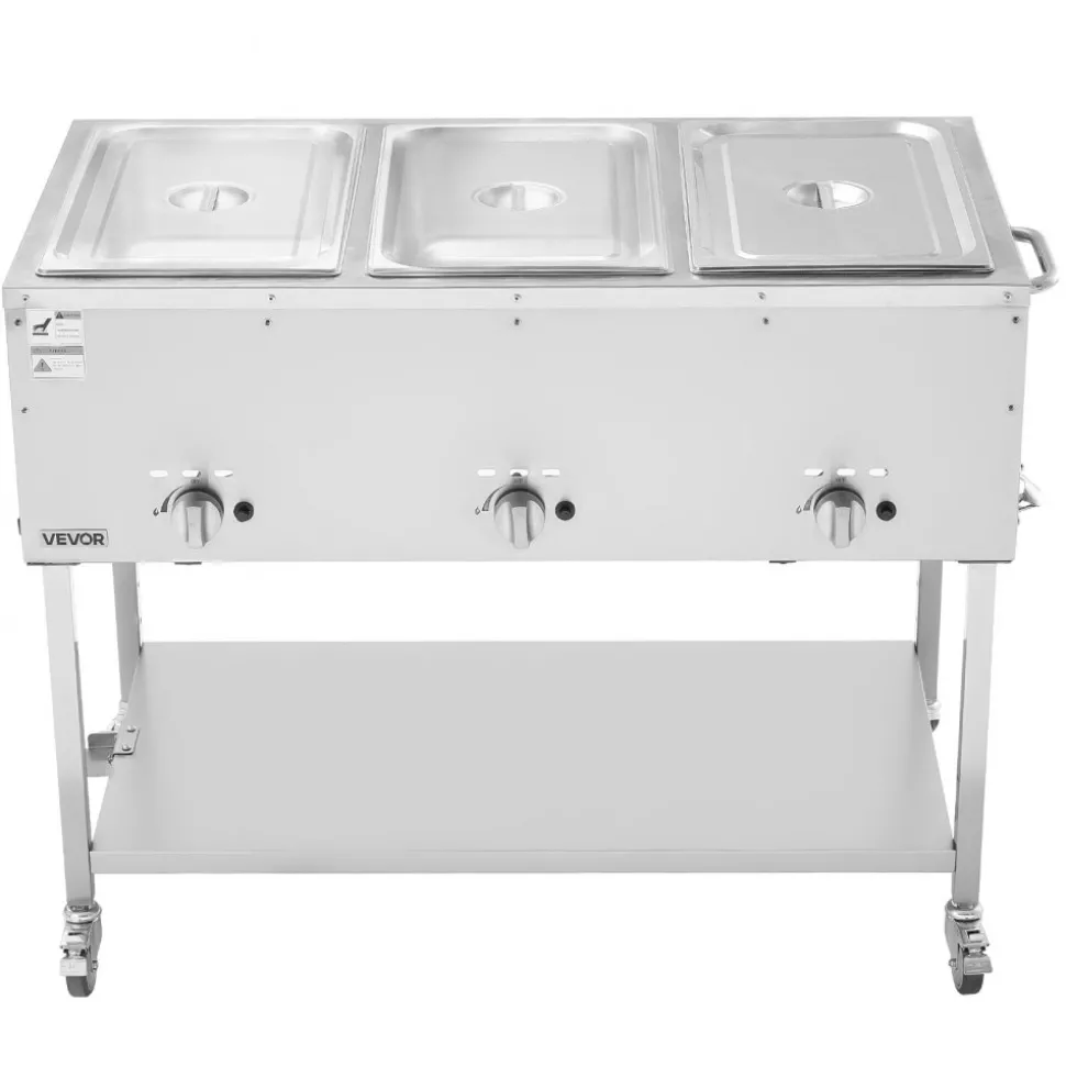 VEVOR 3-Pan Commercial Propane Steam Table, LP Gas Outdoor Soup Warmer with Drain Valve and 3" Wheels, Stainless Steel Propane Food Warmer with Independent Temp Control, for Restaurant Outdoor Camping
