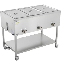 VEVOR 3-Pan Commercial Propane Steam Table, LP Gas Outdoor Soup Warmer with Drain Valve and 3