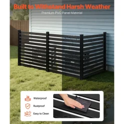 VEVOR 3 Panels Outdoor Privacy Screen, 50 x 48 in Air Conditioner Fence with 27.6 in Ground Stakes, Pool Equipment Enclosure, Vinyl Privacy Fence, Ideal for Trash Can and A/C Units, Black