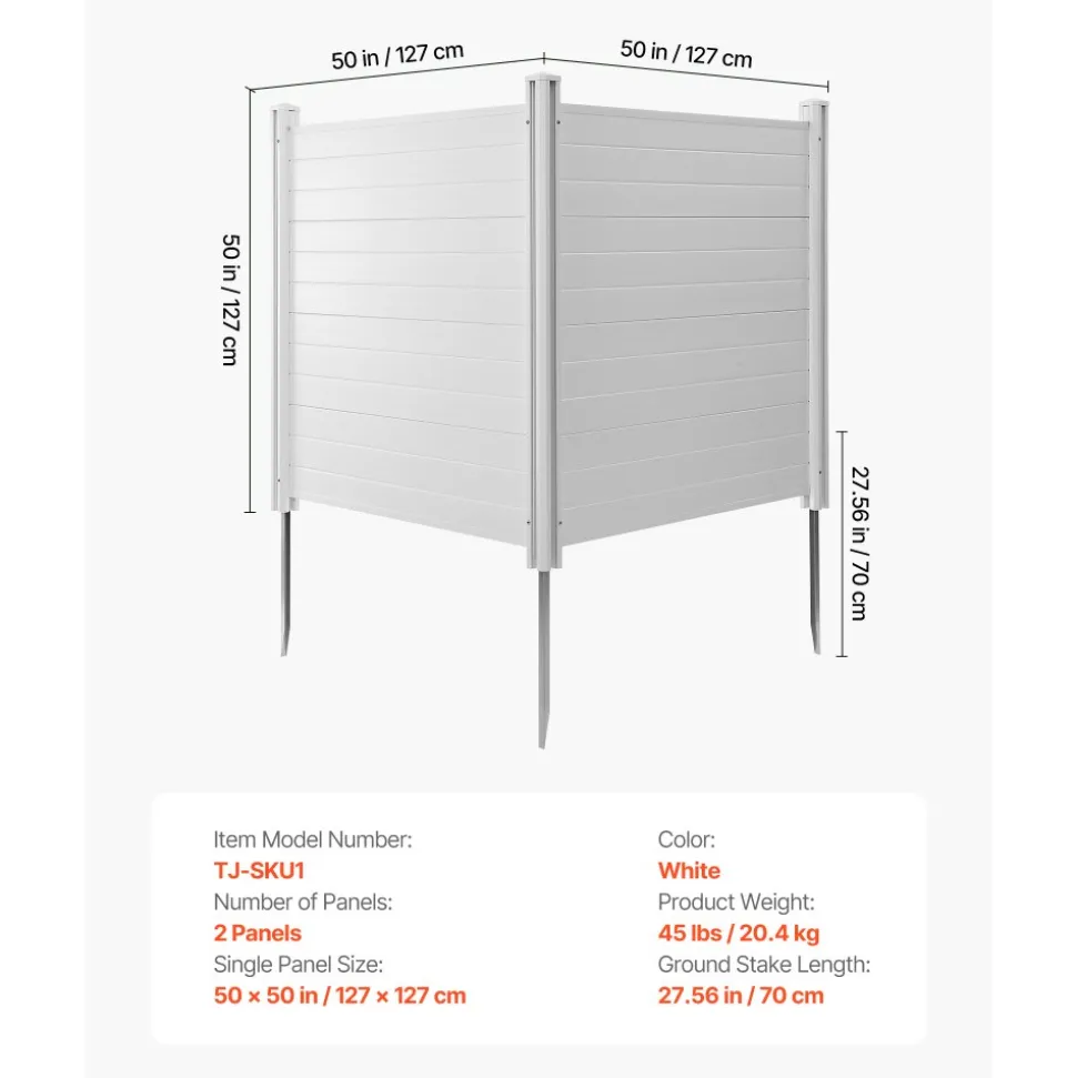 VEVOR 2 Panels Outdoor Privacy Screen, 50 x 50 in Air Conditioner Fence with 27.6 in Ground Stakes, Pool Equipment Enclosure, Horizontal Vinyl Privacy Fence, Ideal for Trash Can and A/C Units, White