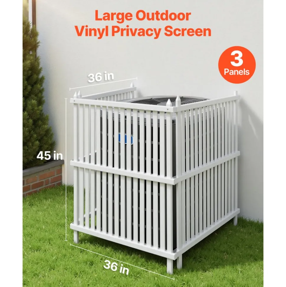 VEVOR 3 Panels Outdoor Privacy Screen, 36 x 45 in Air Conditioner Fence with 19.7 in Ground Stakes, Pool Equipment Enclosure, Strip Vinyl Privacy Fence, Ideal for Trash Can and A/C Units, White